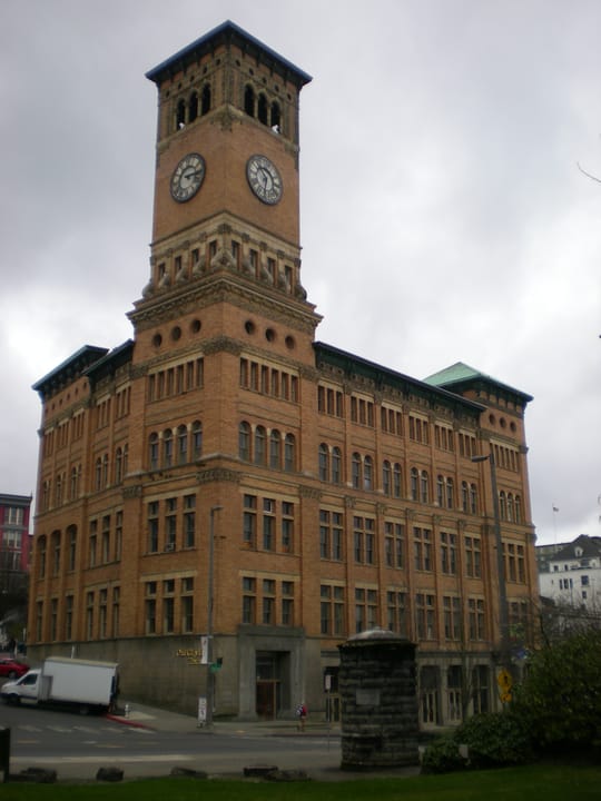 Old City Hall, Tacoma, Washington, viewed from the corner of Pacific Avenue under an overcast sky, February 2008.