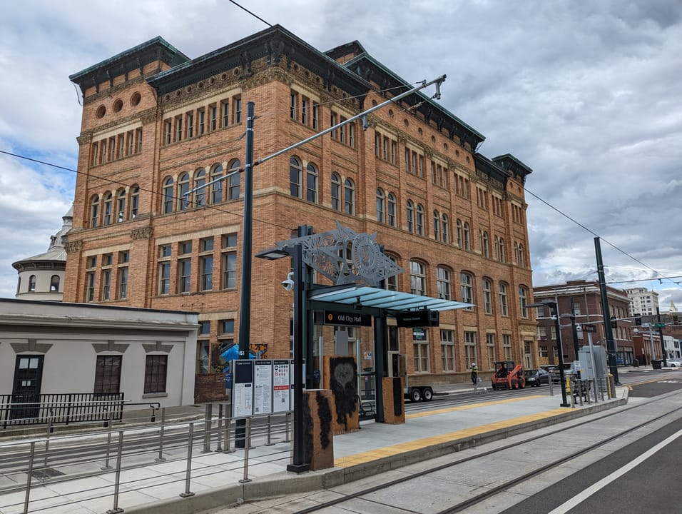 Old City Hall, Tacoma, Washington, with the new Old City Hall streetcar station under construction in front, August 2023.