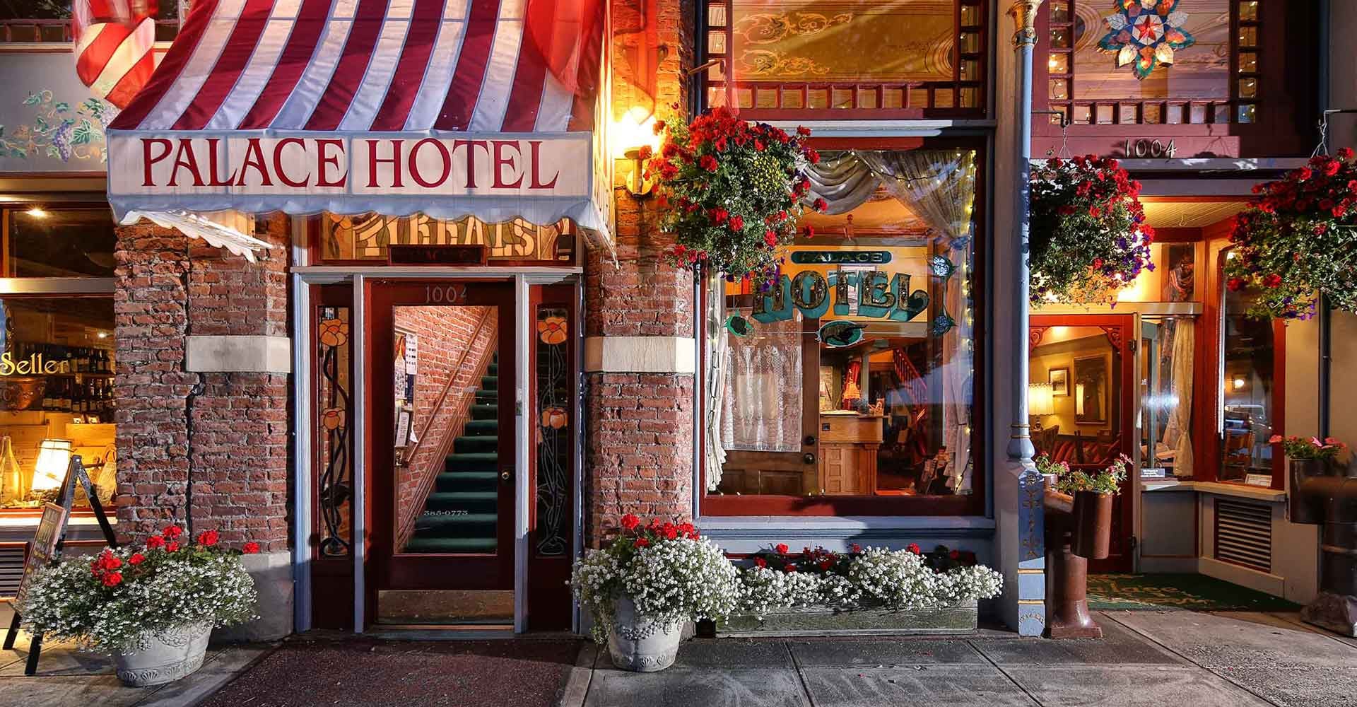 The Palace Hotel, a three-story 1889 brick Victorian hotel on Water Street in Port Townsend, Washington