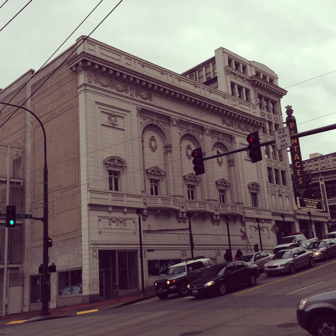 Exterior of the Pantages Theater at 901 Broadway in downtown Tacoma, Washington, showing the 1918 Second Renaissance Revival facade