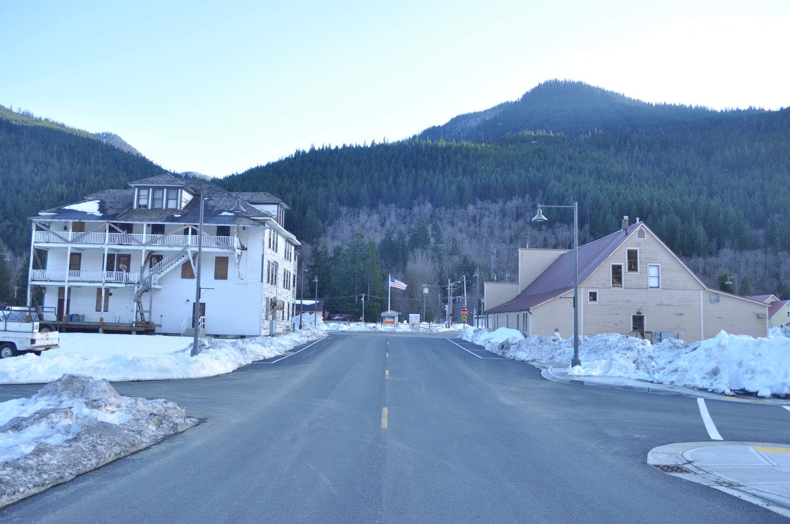 The four-story historic Skykomish Hotel, a 1904 railroad-town landmark in Skykomish, Washington