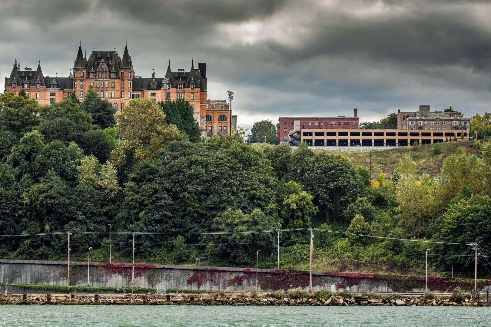 Stadium High School in Tacoma, Washington, viewed from the rear showing its Châteauesque exterior