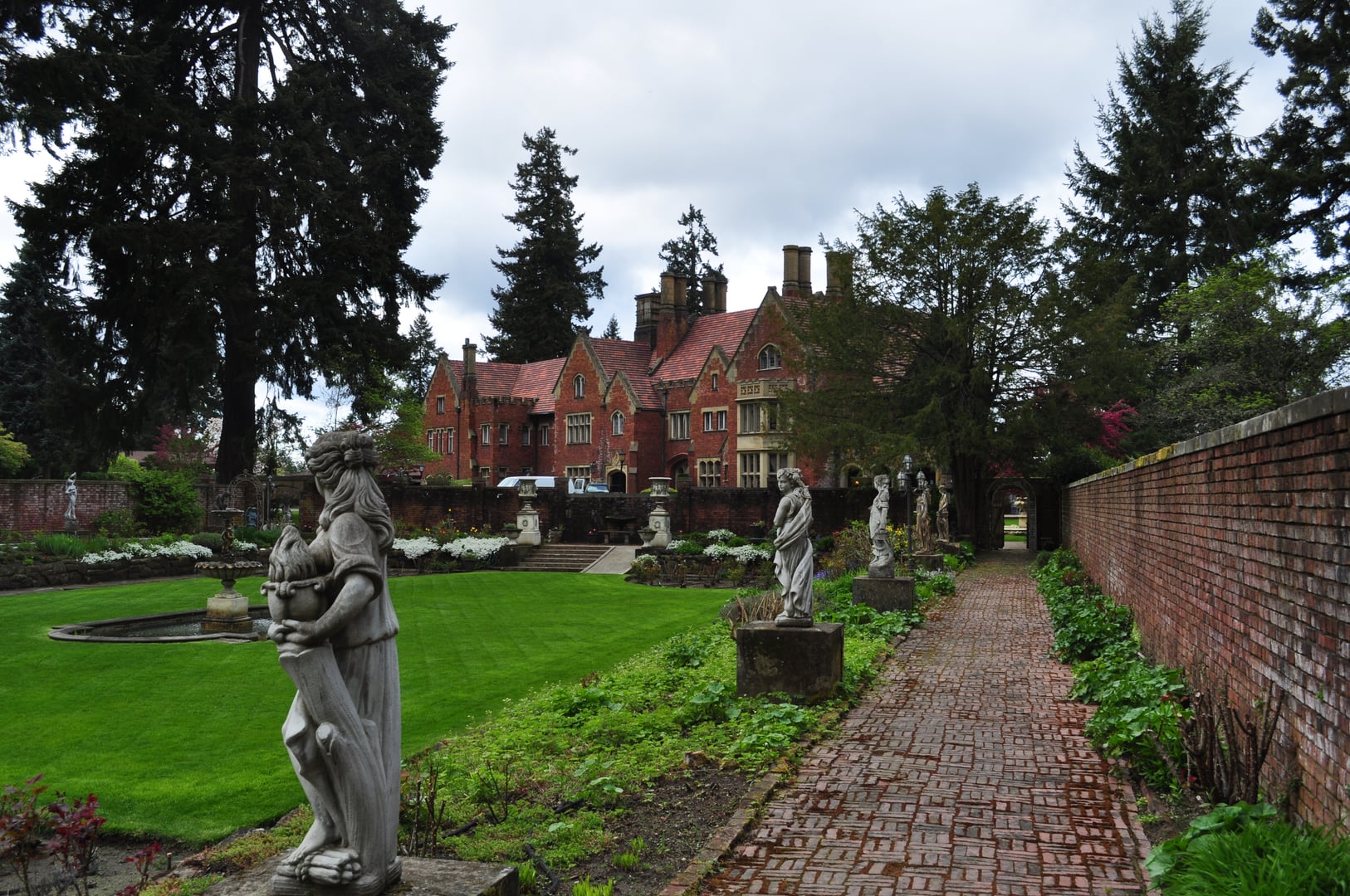 Thornewood Castle English Gothic estate viewed from formal garden, Lakewood, Washington