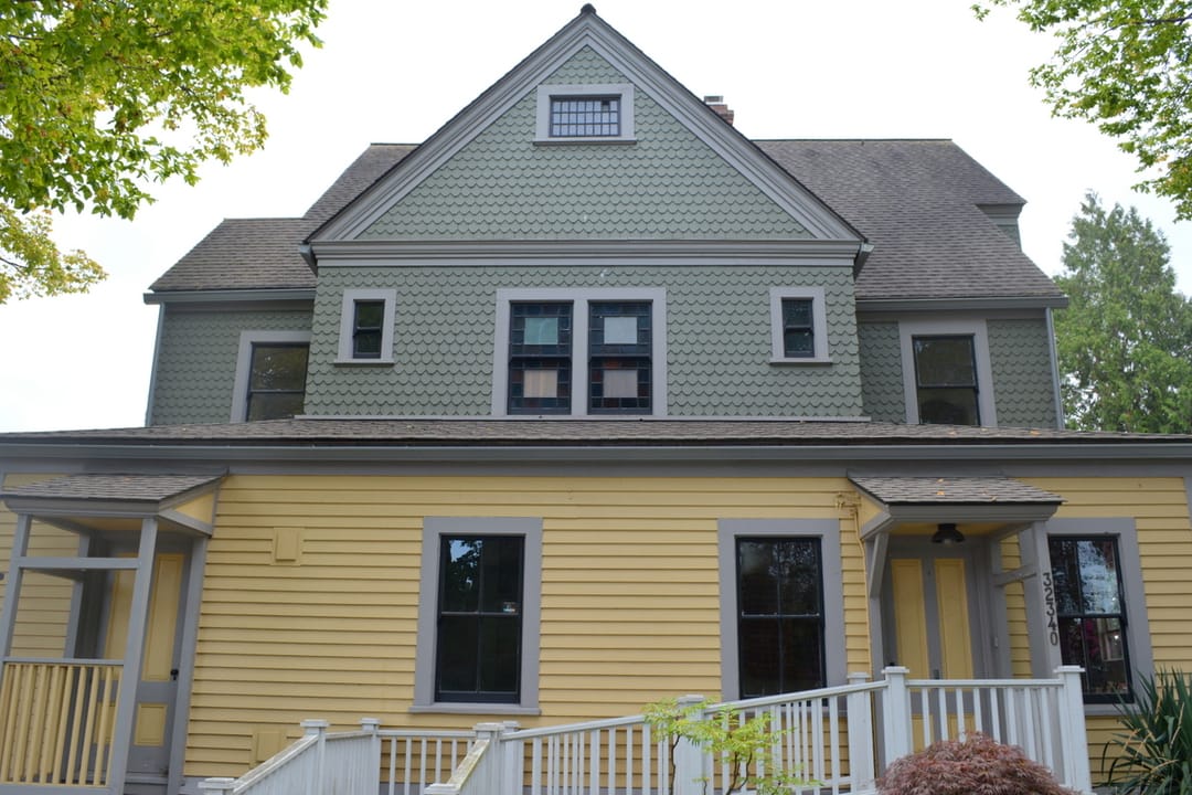 Close front-gable view of the Walker-Ames (E.G. Ames) House, Port Gamble, Washington, 2016.