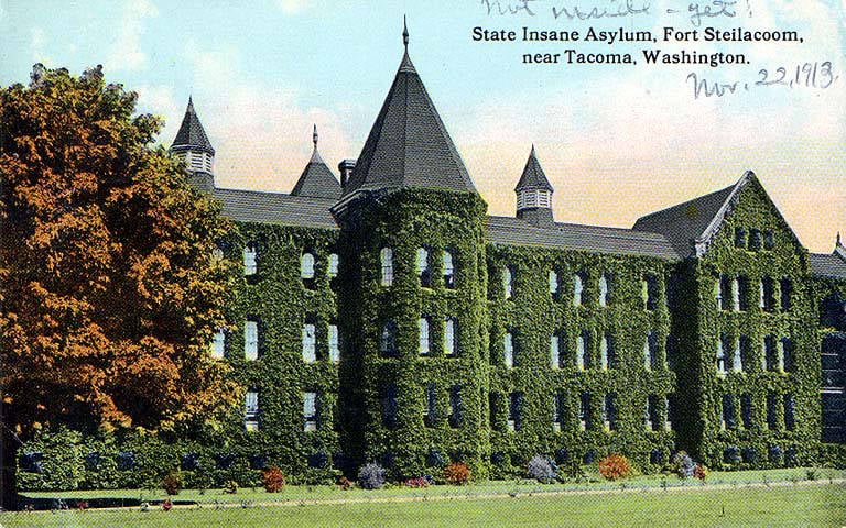 Historic 1913 photograph of the Western Washington Hospital for the Insane at Fort Steilacoom near Tacoma, Washington, now ruins in Fort Steilacoom Park