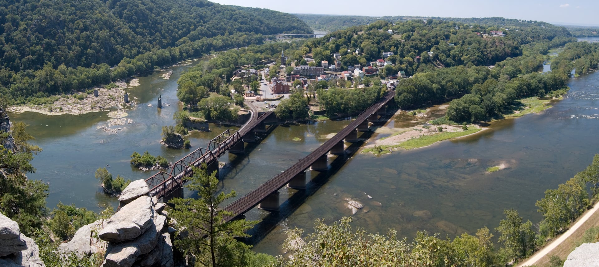 Panorama of Harpers Ferry from Maryland Heights, where the Shenandoah and Potomac Rivers meet in West Virginia