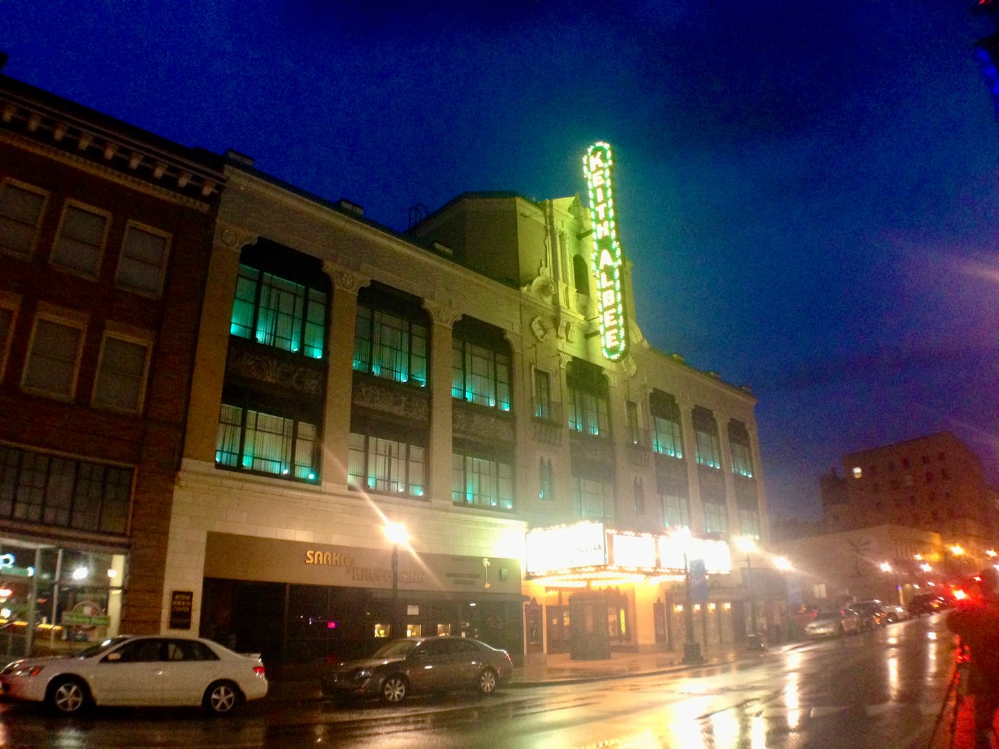 Keith-Albee Performing Arts Center historic theater illuminated at night in Huntington West Virginia