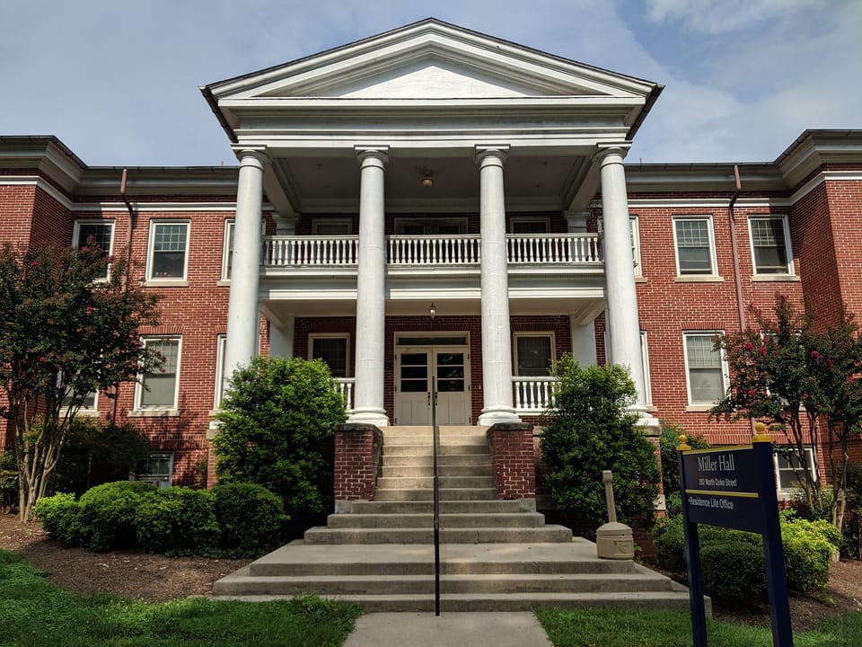 Miller Hall, a 1915 residence hall on the west campus of Shepherd University in Shepherdstown, West Virginia, viewed from the front lawn.