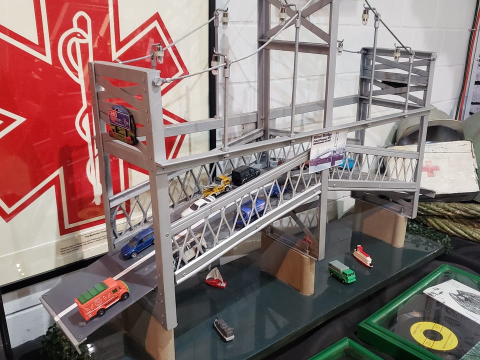 A scale-model diorama of the Silver Bridge inside the museum, part of its exhibit on the 1967 bridge collapse.