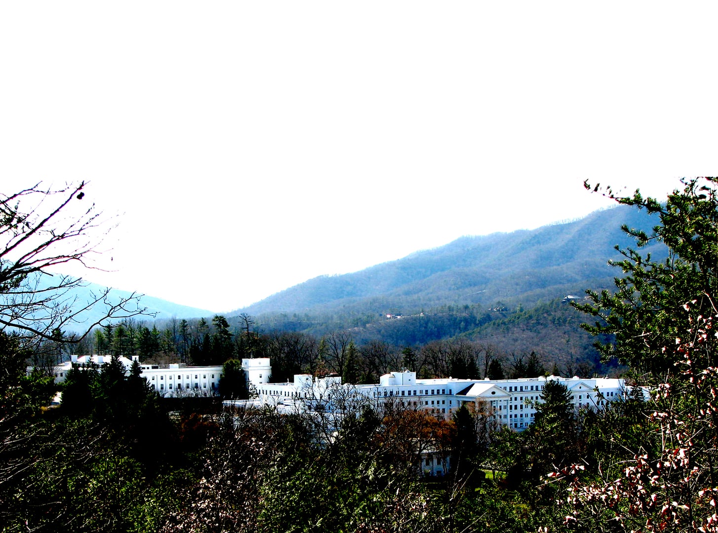 The Greenbrier, a large white classical-revival resort hotel in White Sulphur Springs, West Virginia