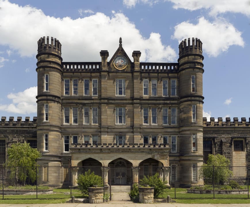 West Virginia State Penitentiary Gothic Revival stone facade, Moundsville, West Virginia