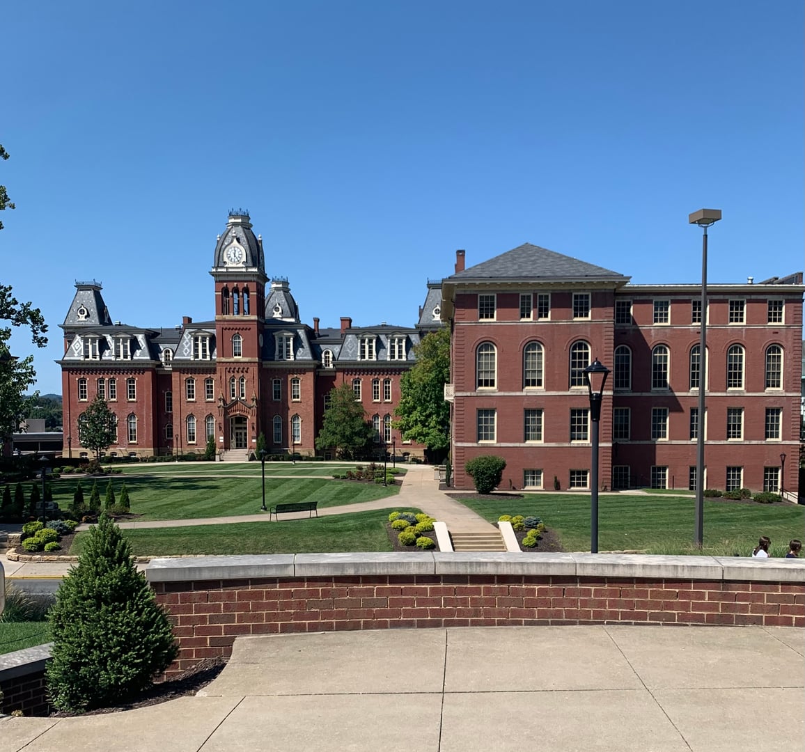 Woodburn Hall and its clock-and-bell tower at West Virginia University in Morgantown