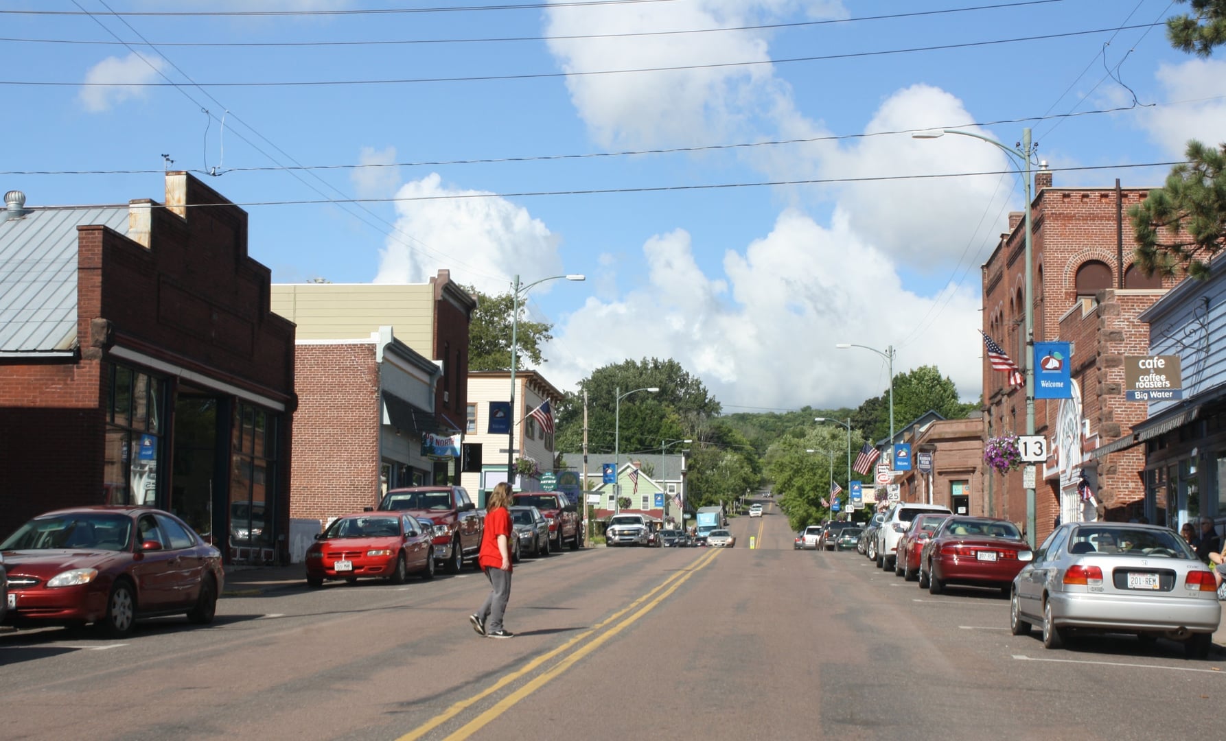 Wisconsin Highway 13 running through the Bayfield Historic District in downtown Bayfield, Wisconsin, showing the 19th-century commercial buildings along the ghost walk route