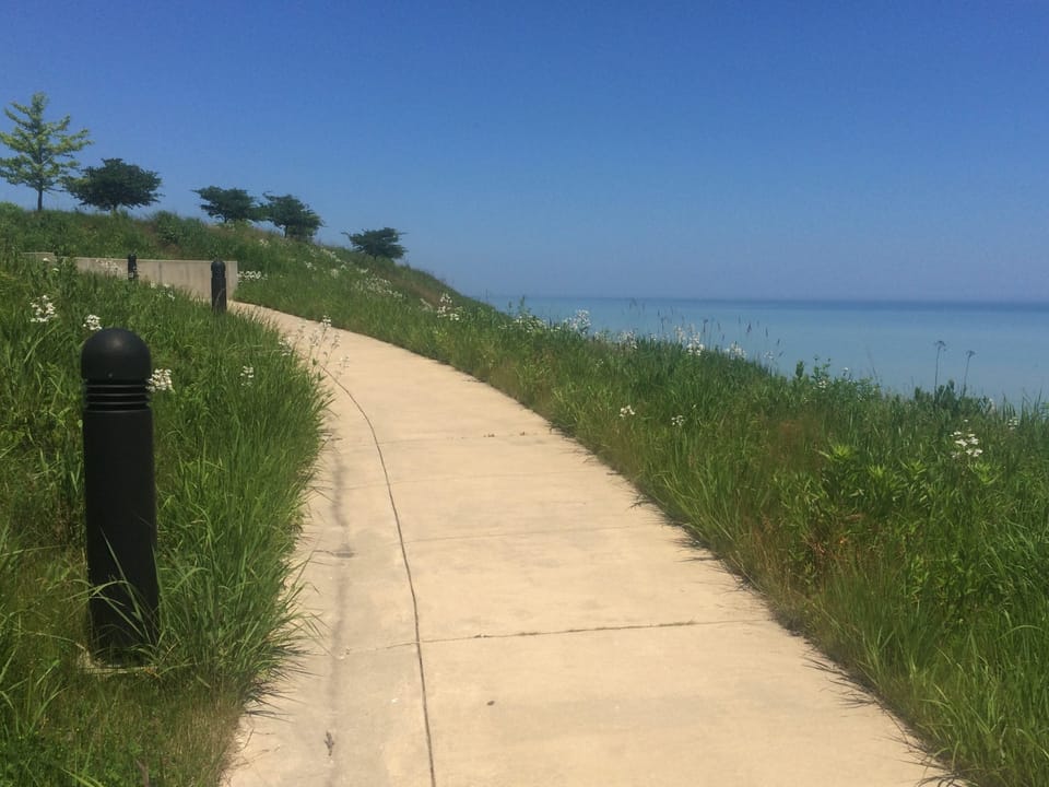 Concordia University, Mequon, Wisconsin.  Shoreline of Lake Michigan.  June 2018.
A view along the switchback paths that run from the top of the bluff down to lake level.