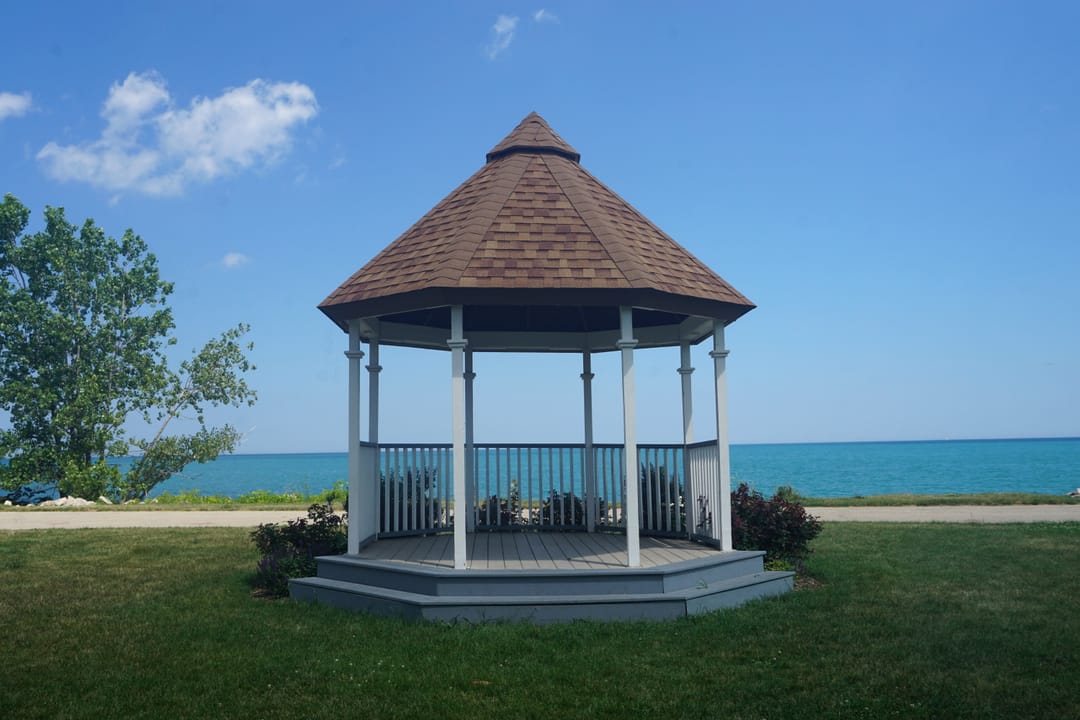 The lakefront gazebo on the Kemper Hall grounds in Kenosha, Wisconsin, overlooking Lake Michigan.