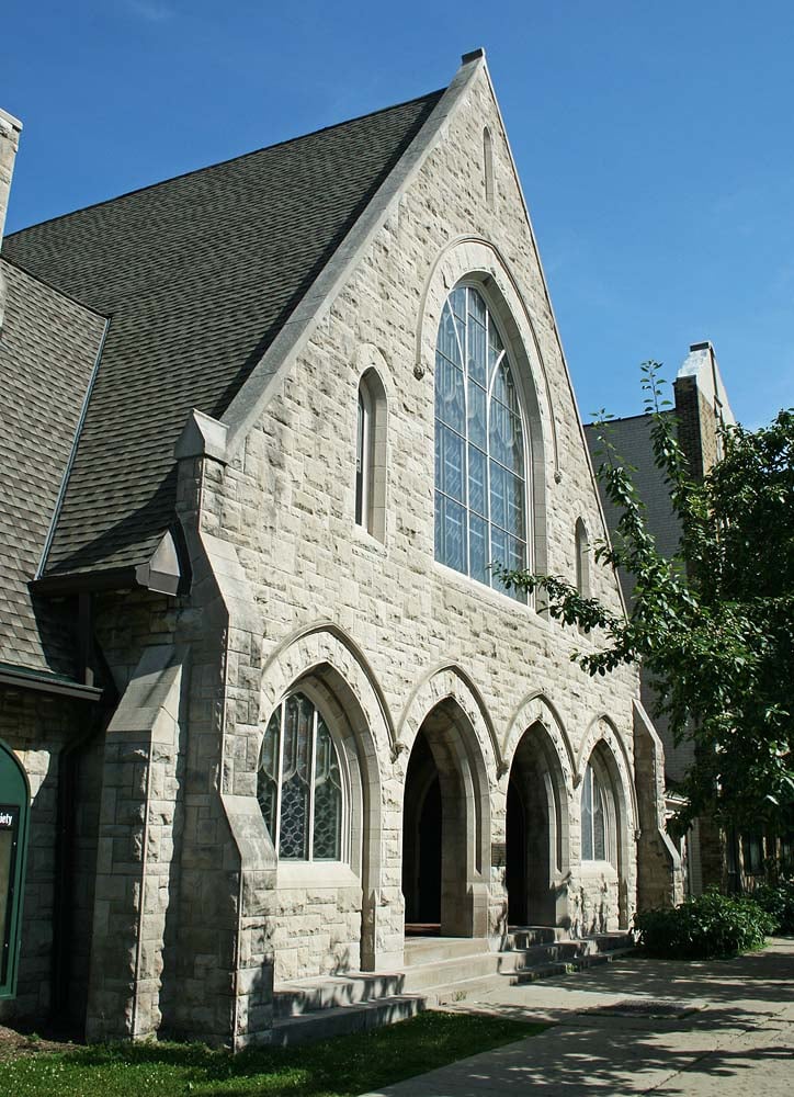 Gothic Revival stone facade of the First Unitarian Church of Milwaukee at 1342 N. Astor Street in the Yankee Hill neighborhood, built 1891-1892 and listed on the National Register of Historic Places