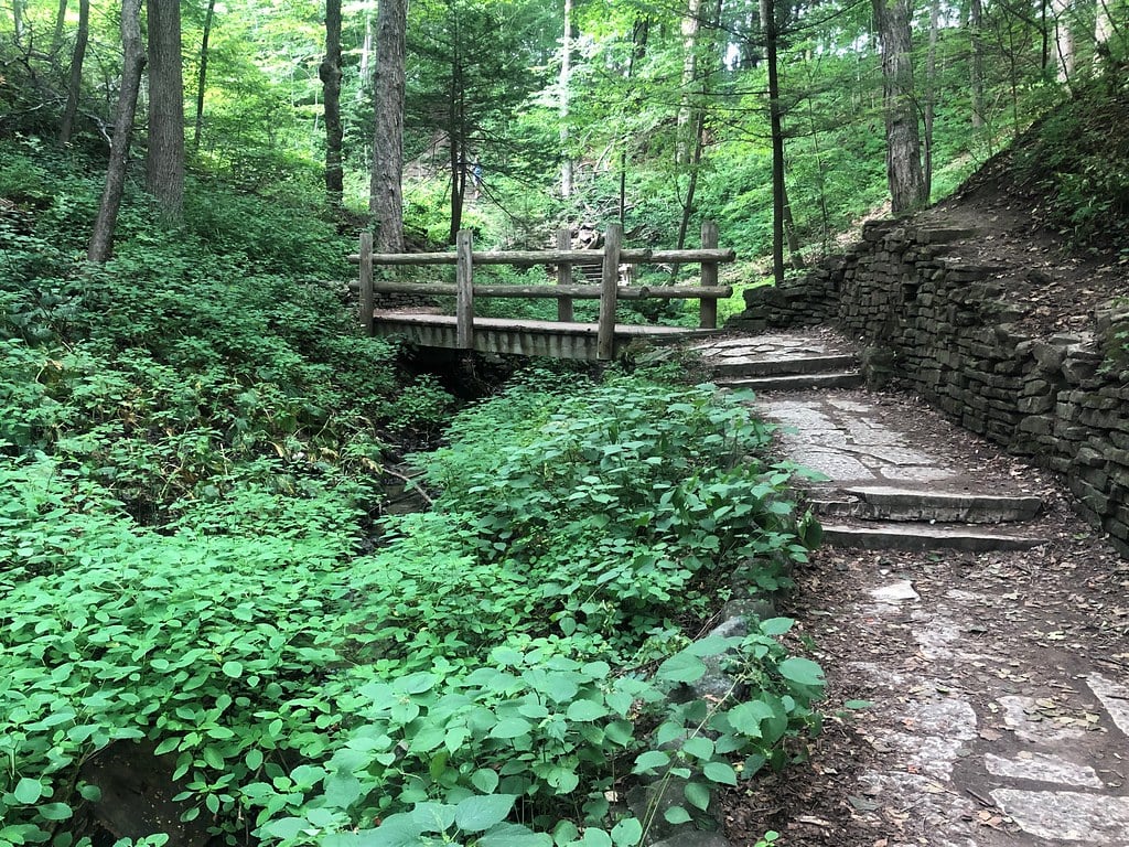 The inscribed covered wooden entrance bridge to the Seven Bridges Trail at Grant Park in South Milwaukee