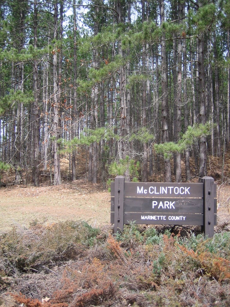 Wooded campsite along the Peshtigo River at McClintock Park in Marinette County, Wisconsin