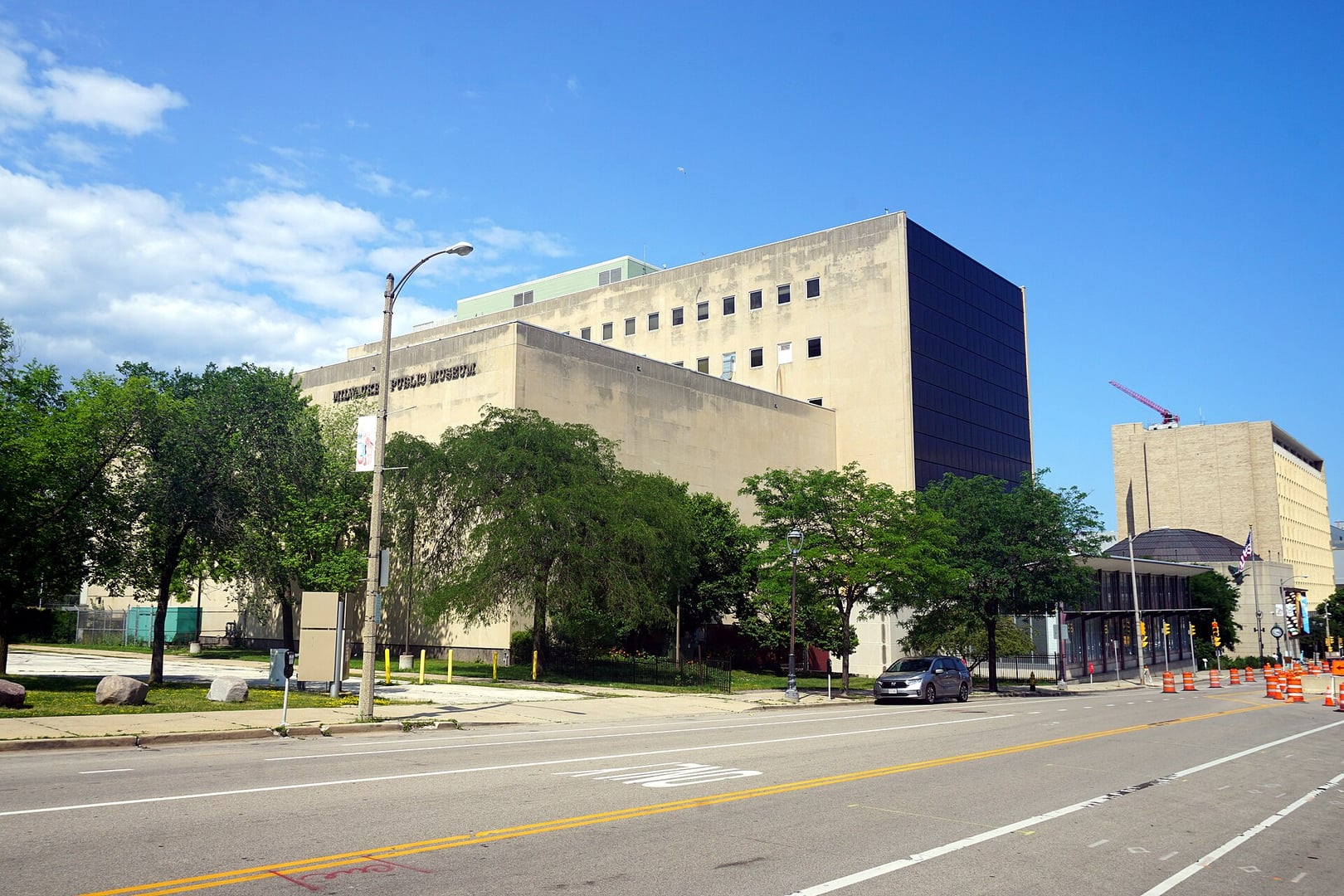 Exterior of the Milwaukee Public Museum building in downtown Milwaukee, Wisconsin, photographed July 2023