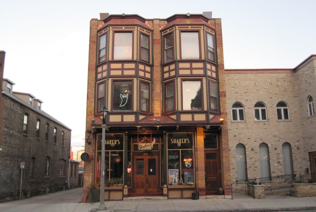 The brick facade of Shaker's Cigar Bar at 422 S. 2nd Street in Milwaukee's Walker's Point neighborhood