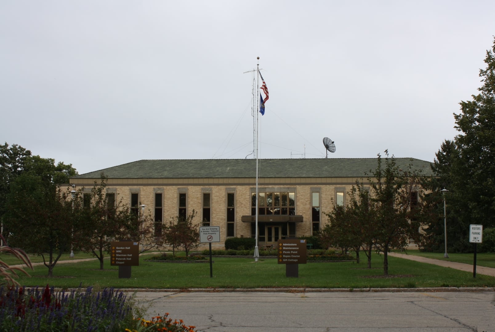 Exterior view of the Winnebago Mental Health Institute campus in Winnebago, Wisconsin near Oshkosh, the state's public psychiatric hospital operated since 1873