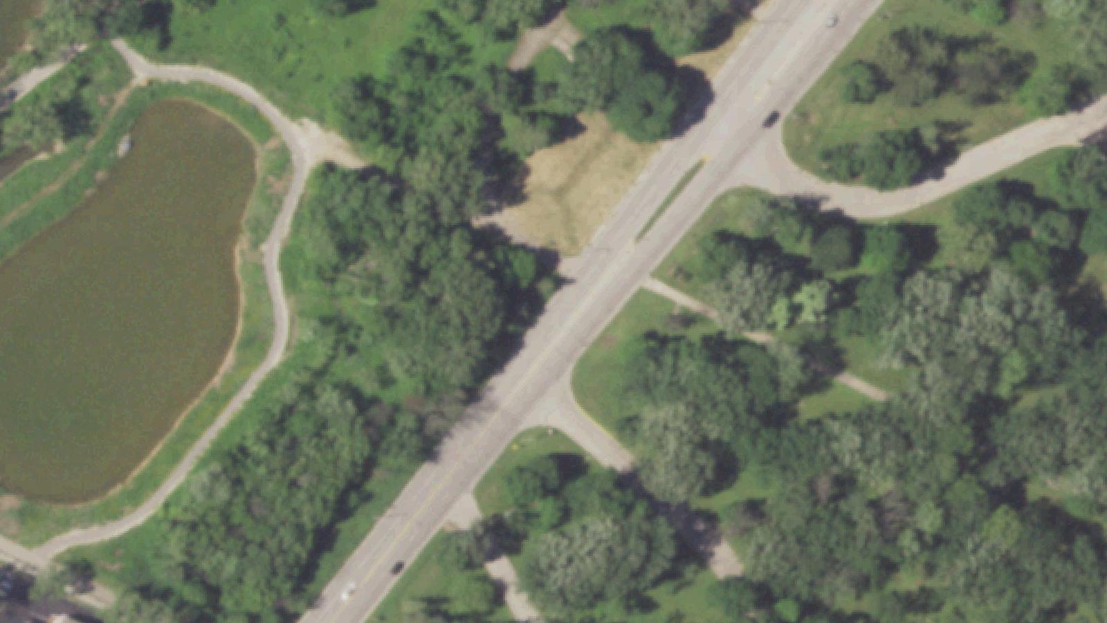 Aerial survey view of Woodlawn Cemetery — Minahan Mausoleum