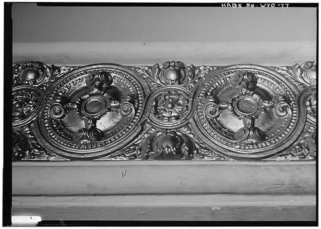 Close-up of the ornamental plaster cornice molding inside the Atlas Theatre, Cheyenne, Wyoming, from Historic American Buildings Survey documentation (HABS No. WYO-77).