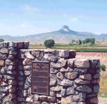 Heart Mountain Relocation Center historical marker with Heart Mountain visible behind, Park County, Wyoming