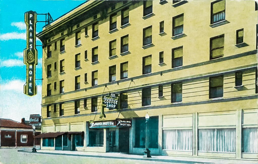 The Historic Plains Hotel, a five-story brick hotel building in downtown Cheyenne, Wyoming