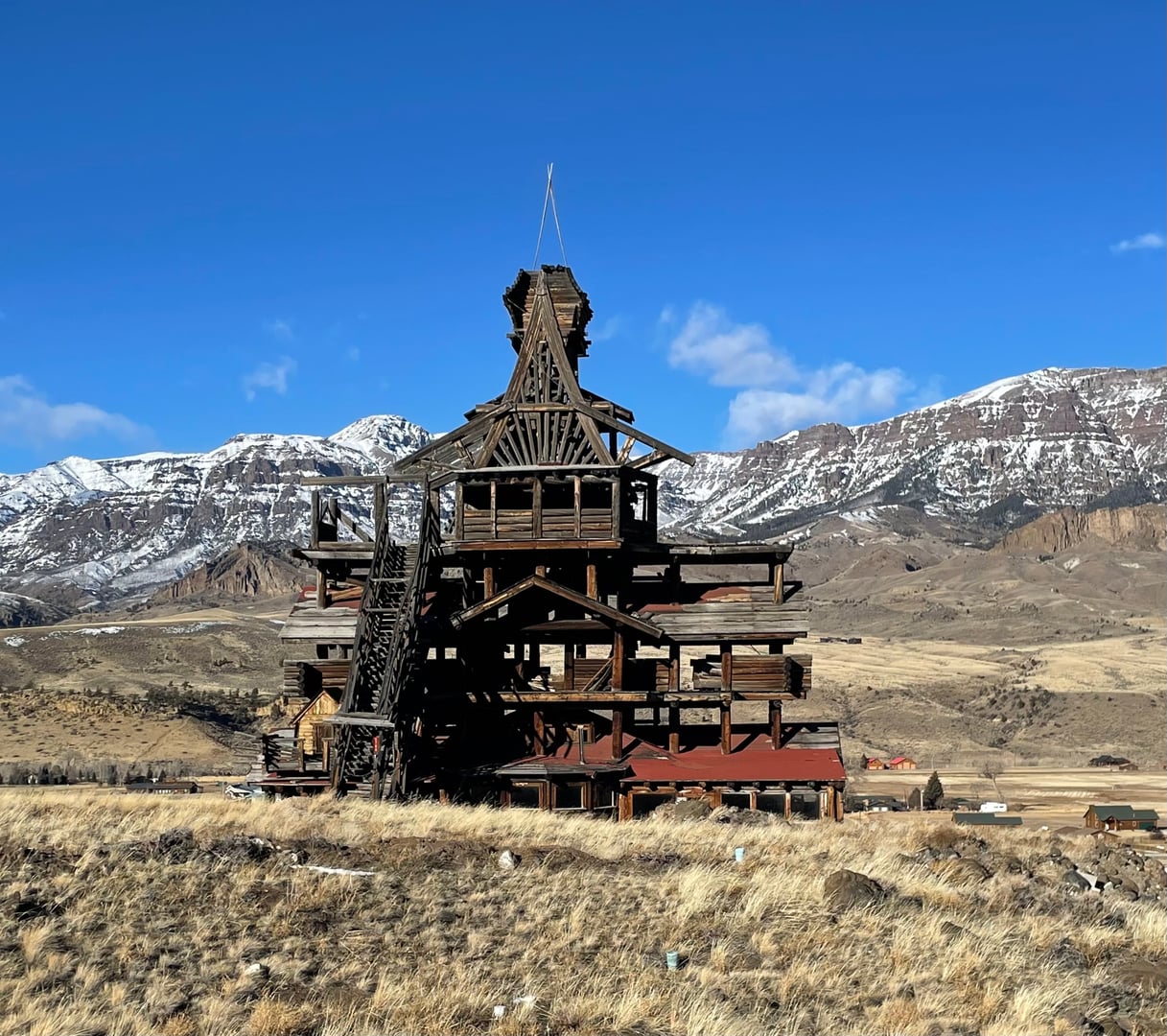 The Smith Mansion, Lee Smith's hand-built timber tower overlooking the Wapiti Valley in Park County, Wyoming